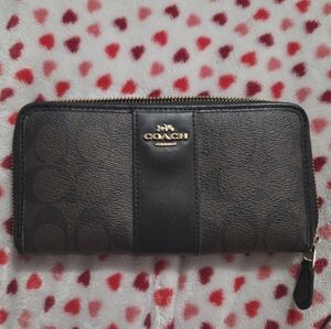 Coach Brown and Black Signature Zip Wallet with Gold Logo